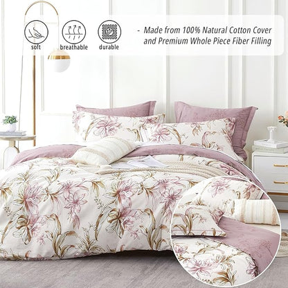 Floral Cotton Comforter King Size 3Pcs - Pink Flowers on Botanical Textured Beige Front, Mauve Taupe Back, Reversible Lightweight Bedding Sets with Soft Fill(King, 104"×90")