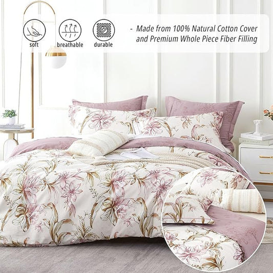 Floral Cotton Comforter King Size 3Pcs - Pink Flowers on Botanical Textured Beige Front, Mauve Taupe Back, Reversible Lightweight Bedding Sets with Soft Fill(King, 104"×90")