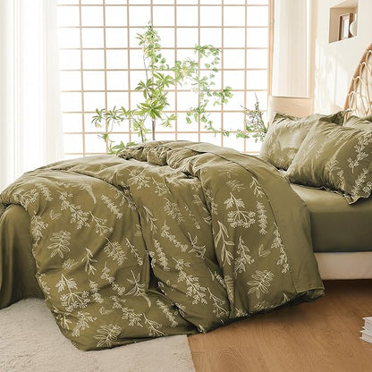 MUXHOMO Duvet Cover Queen Size, Reversible Floral Olive Green Duvet Cover Set with Zipper Closure, 3 Pieces Botanical Patterns Soft Microfiber Bedding Set with 4 Ties (90"x90", 2 Pillow Cases)