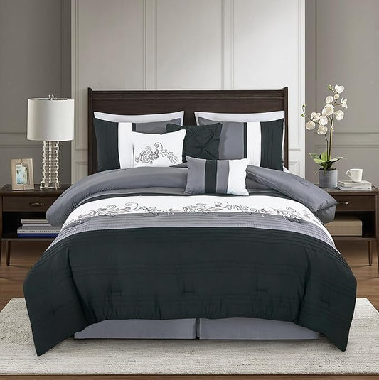 Chezmoi Collection Napa 7-Piece Luxury Leaves Scroll Embroidery Bedding Comforter Set (Full, Black/Gray/White)