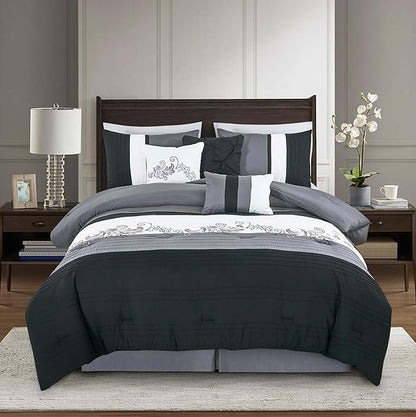 Chezmoi Collection Napa 7-Piece Luxury Leaves Scroll Embroidery Bedding Comforter Set (Queen, Black/Gray/White)
