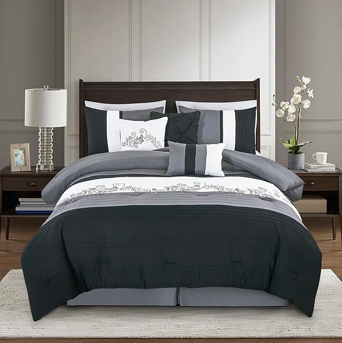 Chezmoi Collection Napa 7-Piece Luxury Leaves Scroll Embroidery Bedding Comforter Set (King, Black/Gray/White)