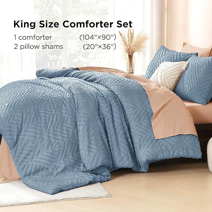 Litanika Grayish Blue King Size Comforter Set, 3 Pieces Tufted Boho Farmhouse Bedding Comforter Sets, Lightweight Fluffy Comforter Bed Set for All Season (104x90In Comforter and 2 Pillowcases)