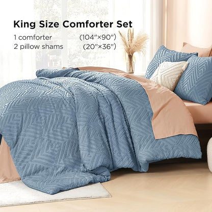 Litanika Grayish Blue King Size Comforter Set, 3 Pieces Tufted Boho Farmhouse Bedding Comforter Sets, Lightweight Fluffy Comforter Bed Set for All Season (104x90In Comforter and 2 Pillowcases)