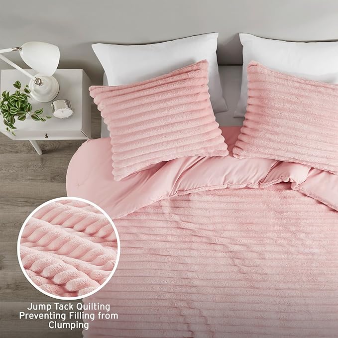 Intelligent Design Queen Comforter Set, Cozy Plush Bedding, Microfiber Reverse, 3 Piece, Lightweight, Super Soft Ribbed Velvet Comforter 2 Shams, All Season Fluffy Bed Set, Avril, Full/Queen Pink