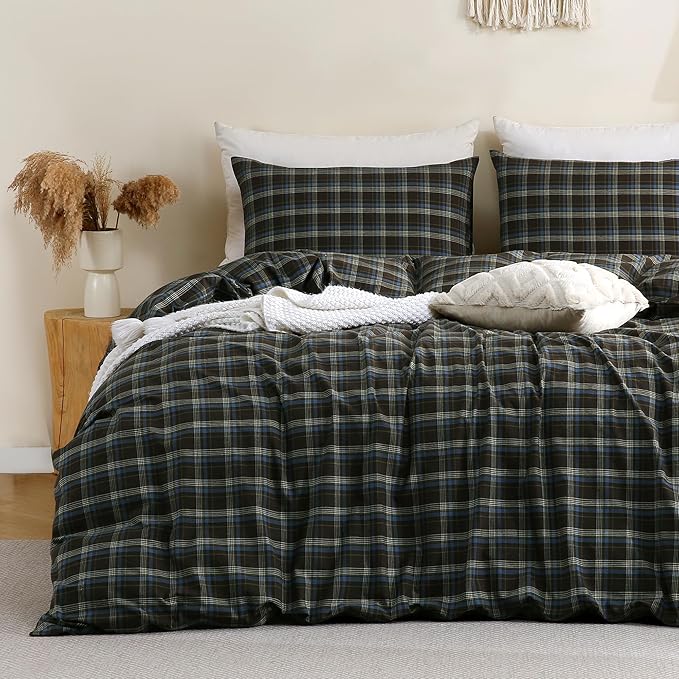 TOCOMOA Buffalo Plaid Duvet Cover Set 100% Washed Cotton Like Linen Feel Super Soft Comfy 2 Piece Brown Blue Gingham Checkered Bedding Comforter Cover Set (Twin 68"x90", Comforter Not Included)