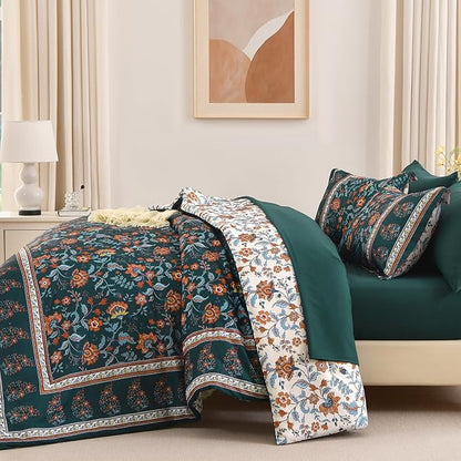 Dinjoy Boho Comforter Set Queen,Dark Green Bedding Paisley Floral 7 Piece Bed in a Bag Reversible Lightweight Bohemain Comforters with Sheet Sets for All Season