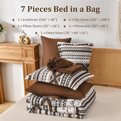 Dinjoy Boho King Size Bed in A Bag 7 Pieces,Drak Brown/Coffee Comforter Set Aztec Striped Fall Bedding Set Bohemian Complete Set Western Geometric Taupe Comforters for Women Men 90"×104"