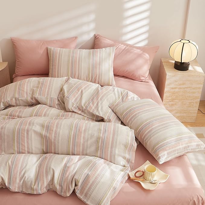 HighBuy King Comforter Set Fluffy White and Pink Striped Bedding Stripes Comforter Set Modern Chic Geometric Comforter with 2 Pillow Shams Stripe Bedding Comforter for Boys Girls All Season