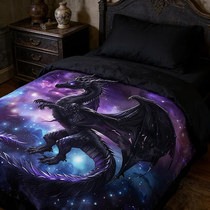 Kids Dragon Bedding Set for Boys, Purple Blue Outer Space Comforter Set Twin Size, Fairy Tale Style Quilted Bed Set for Children Teens Room Decor/68 * 86