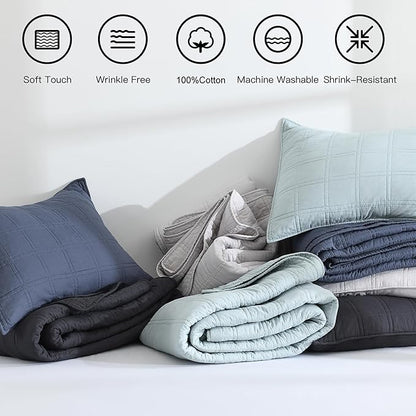 HORIMOTE HOME 100% Cotton Quilt Set Queen Size, Denim Blue Pre-Washed Bedspreads Coverlet Set in Geometric Pattern, Cozy Lightweight Stitching Decorative Bedding Cover with 2 Shams for All Season