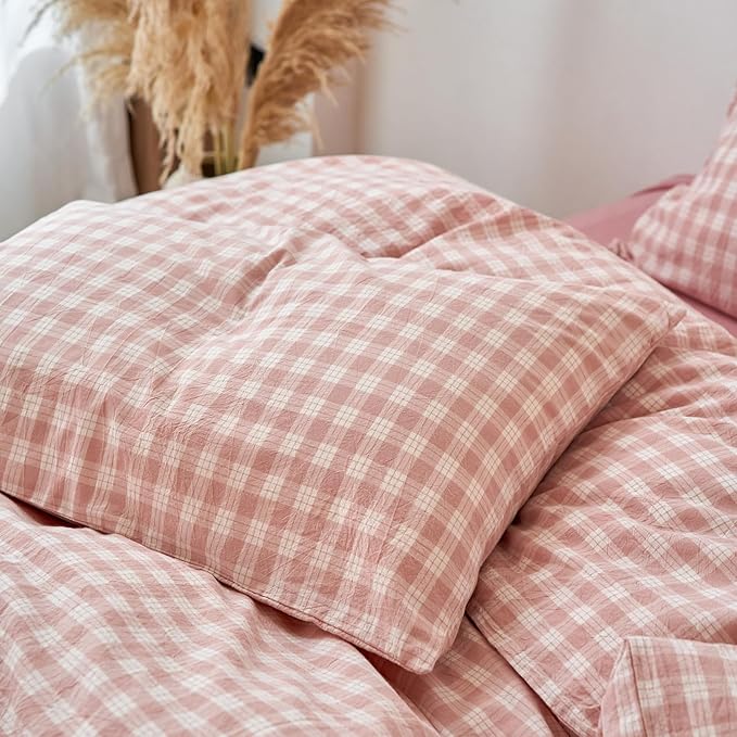 EAVD Vintage Style Gingham Plaid Duvet Cover Twin Pink White Soft 100% Washed Cotton Chic Warm Checkered Bedding Set with 2 Pillowcases Farmhouse Grid Gingham Duvet Cover with Zipper Closure