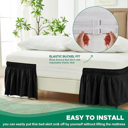Biscaynebay Wrap Around Bed Skirts for Full & Full XL Beds with Extra Long Drop of 25", Black Adjustable Elastic Dust Ruffles Easy Fit Wrinkle Resistant Silky Luxurious Fabric Machine Washable