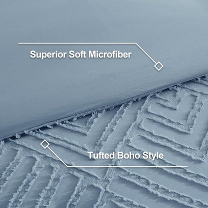Litanika Grayish Blue Super King Plus Comforter, 3 Pieces Tufted Boho Farmhouse Bedding Sets, Lightweight Fluffy Bed Set for All Season (128x120In Comforter and 2 Pillowcases)