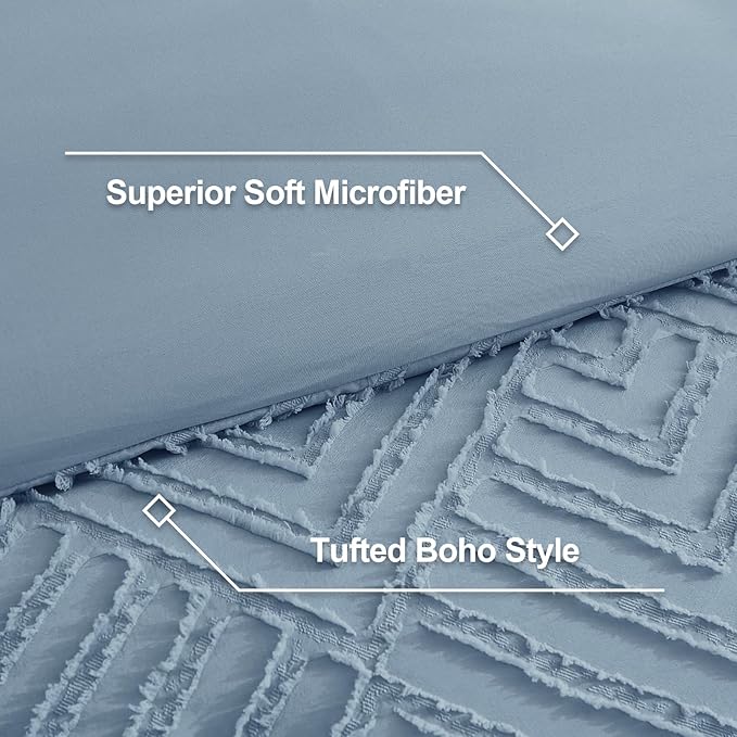 Litanika Grayish Blue King Size Comforter Set, 3 Pieces Tufted Boho Farmhouse Bedding Comforter Sets, Lightweight Fluffy Comforter Bed Set for All Season (104x90In Comforter and 2 Pillowcases)