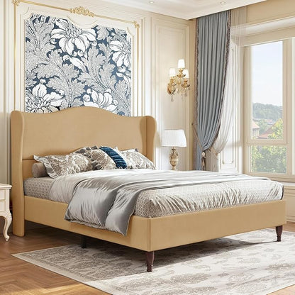 koorlian Queen Upholstered Bed Frame with 51'' Tall Headboard, Warm Brown | Reinforced Platform Bed, Easy Assembly, Soft Fabric, Sleigh Wingback, Solid Wood Retro Legs, Noise-Free, Classic & Simple