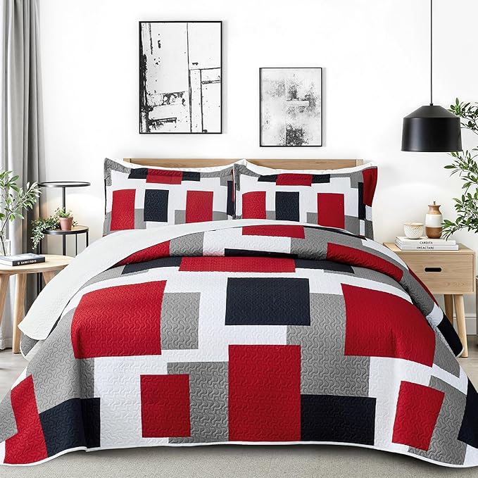 2 Piece Red Black Grey Quilt Set Twin Size Red White Geometric Reversible Bedding Set Microfiber Lightweight Bedspread Coverlet with 1 Sham Modern Abstract Bed Cover for All Season, 68''x86''