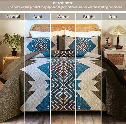 Dintszyayue Boho Quilt Set King Size, Brown Aztec Texture Bedspread Set, 3 Pieces Texture Southwestern Bedding Set, Soft Lightweight Coverlet Set for All Season Bedding with 2 Pillowcases