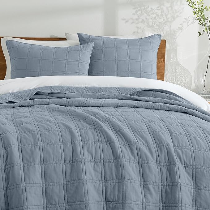HORIMOTE HOME 100% Cotton Quilt Set King Size, Adriatic Blue Pre-Washed Bedspreads Coverlet Set in Geometric Pattern, Cozy Lightweight Stitching Decorative Bedding Cover with 2 Shams for All Season
