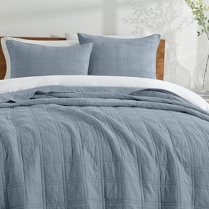 HORIMOTE HOME 100% Cotton Quilt Set King Size, Adriatic Blue Pre-Washed Bedspreads Coverlet Set in Geometric Pattern, Cozy Lightweight Stitching Decorative Bedding Cover with 2 Shams for All Season