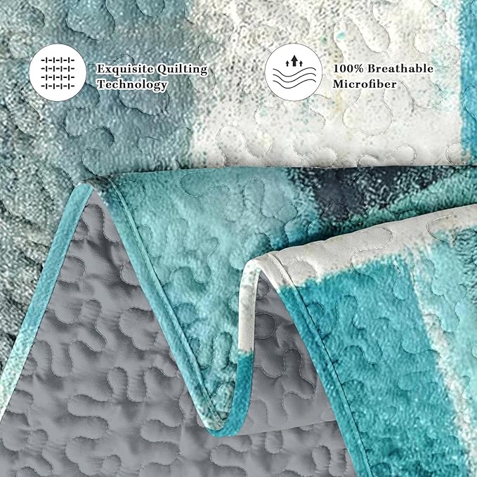Quilt Set King Size, Turquoise Grey Painting 3 Pcs Soft Bed Cover Bedding Set for Kids and Adults, Teal Contemporary Gray Lightweight Bedspread Coverlet with Pillow Sham for All Season