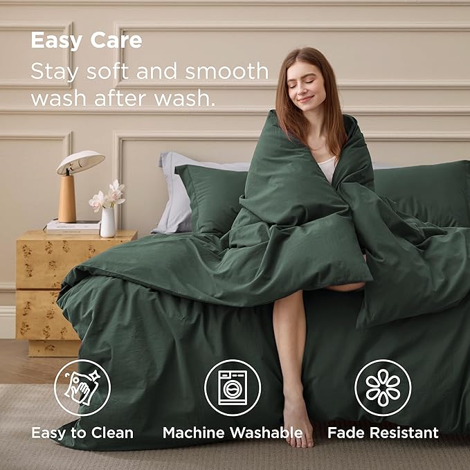 Bedsure 100% Washed Cotton Duvet Cover Queen Size - Forest Green Minimalist Bedding Set Linen Like - PureWoven Plain Simple & Soft Comforter Cover for All Seasons (Forest Green, Queen, 90"x90")