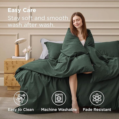 Bedsure 100% Washed Cotton Duvet Cover Queen Size - Forest Green Minimalist Bedding Set Linen Like - PureWoven Plain Simple & Soft Comforter Cover for All Seasons (Forest Green, Queen, 90"x90")