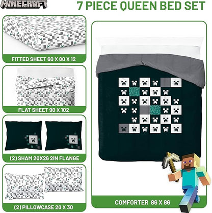 Jay Franco Minecraft Creeper Queen Comforter Set - 7 Piece Gamer Bedding Includes Sheet Set & Pillow Covers - Super Soft Checkered Bedding