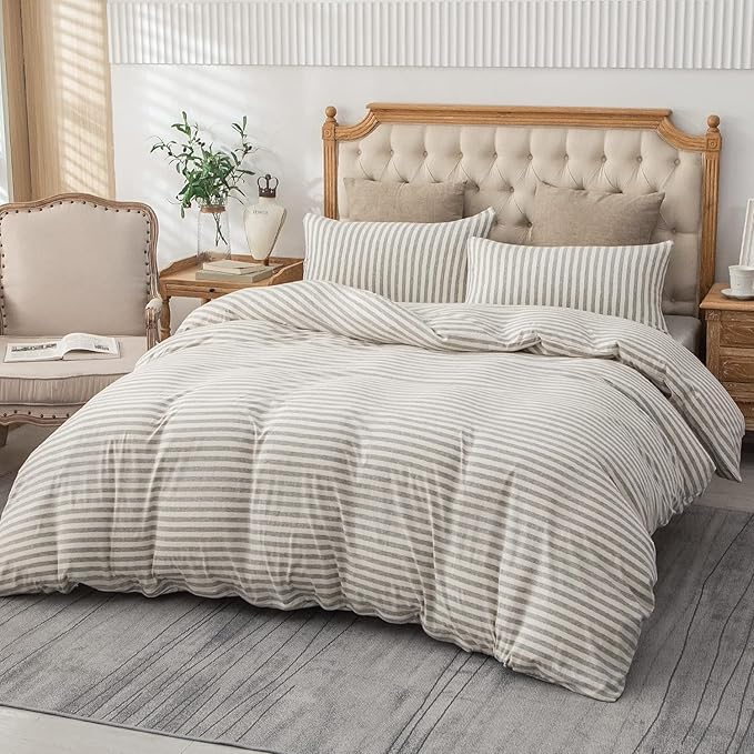 PURE ERA Jersey Knit 2pc Duvet Cover Set 100% T-Shirt Heather Cotton Super Soft Comfy Classic Striped Design, with Zipper Closure, Grey & White Stripe, Twin