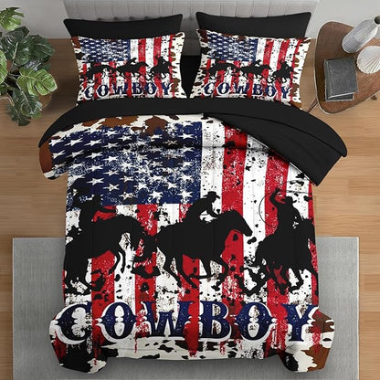 Comforter Set King Size, Cowboy Horse Flag 7 Pcs Bedding for Kids and Adults, Western Country Farm Bed Sheet Sets with Fitted Sheet 2 Pillowcases & 2 Shams for Bedroom Bed Decor