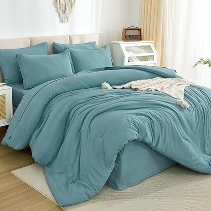 Litanika Super King Plus Comforter Sets Grayish Teal - 7 Pieces Bed in a Bag Beddding Sets, Solid Lightweight Bed Set with Comforter, Sheets, Pillowcases & Shams
