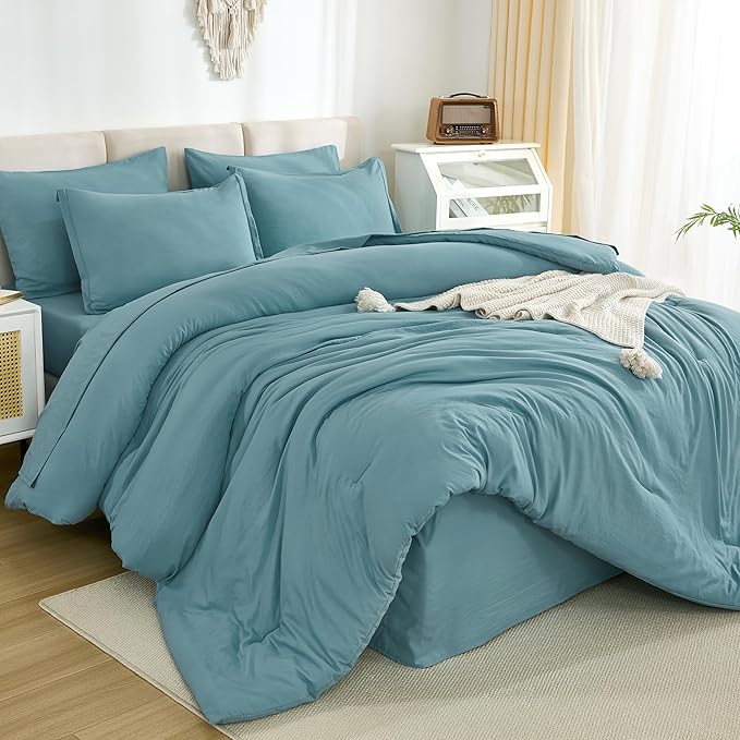 Litanika Twin Comforter Sets Grayish Teal - 5 Pieces Bed in a Bag Beddding Sets, Solid Lightweight Bed Set with Comforter, Sheets, Pillowcase & Sham