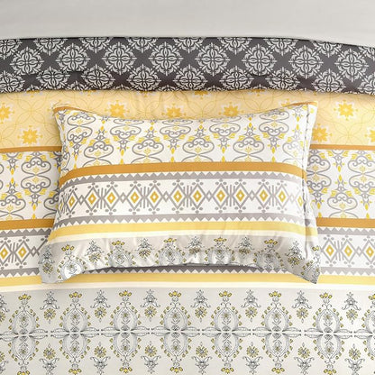 WONGS BEDDING Boho Comforter Set King Size,7 Pieces Bed in a Bag Bohemian Striped Bedding Set,Yellow Paisley Floral Comfortet and Sheet Set,Soft Microfiber Bedding Sets for All Season