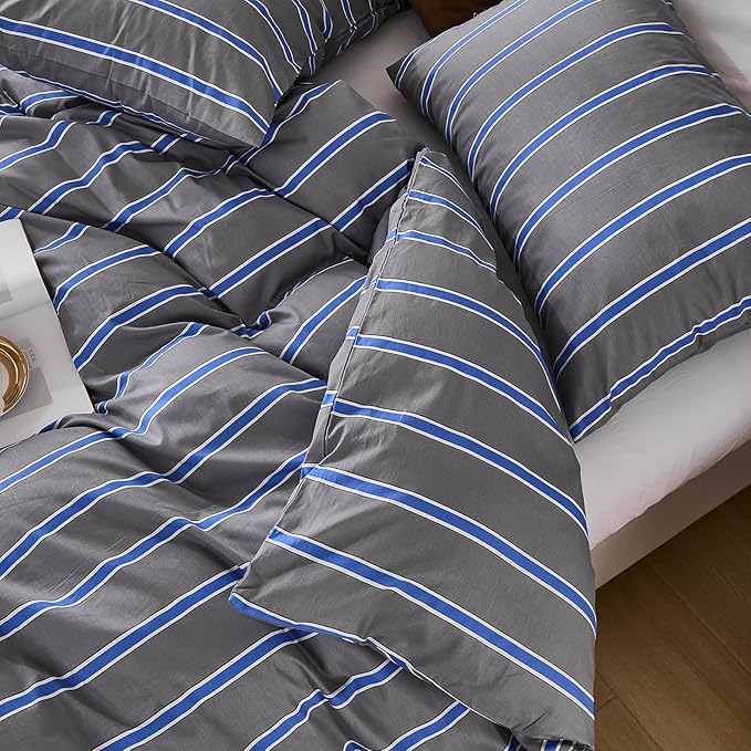 Merryword Blue and Gray Striped Duvet Cover Set Queen Size 100% Cotton Bedding Set with Modern Coastal Style Soft Breathable Linen Like Bedding Set 3 Pieces