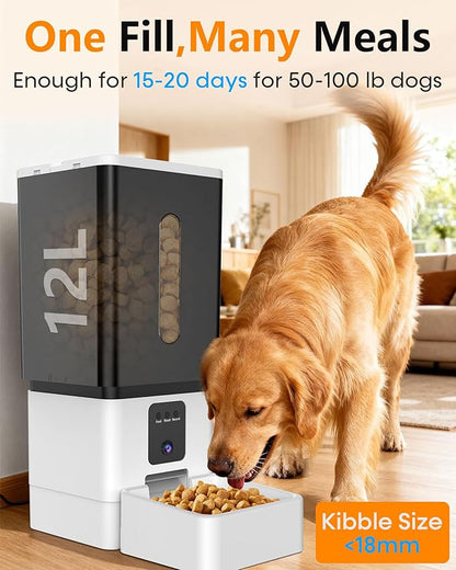 Automatic Dog Feeder, Dog Food Dispenser Automatic, 12L for Large Breed | 20 Days Food Capacity, Anti-Clog 0.78inch Large Kibble, 1080P HD Camera, APP Control for Office Workers