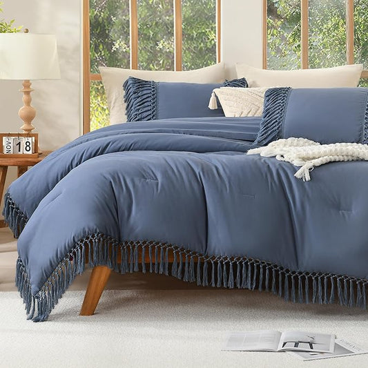 Andency Comforter King Size Set Bluish Grey, 3 Pieces Boho Tassel Lightweight Fluffy Bedding Comforters & Sets, Soft All Season Bed Set (104x90In Comforter & 2 Pillowcases)