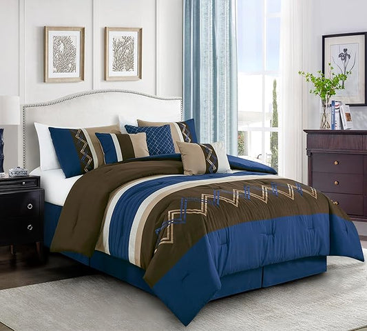 Chezmoi Collection Arden 7-Piece Modern Pleated Stripe Embroidered Zigzag Bedding Comforter Set (Full, Coffee/Brown/Navy/White)