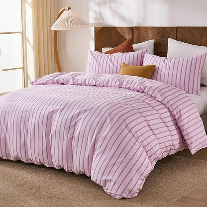 Merryword 100% Cotton Duvet Cover Set King Size - Pink & Purple Striped Bedding Set with Zipper & Corner Ties, 3-Piece Luxury & Silky Soft Bedding Set for All Seasons