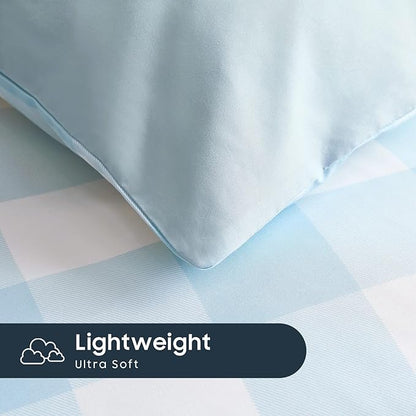Wake In Cloud - Gingham Comforter Set, Plaid Buffalo Check Checkered Cottagecore Cute Geometric, Soft Lightweight Bedding, 3 Pieces, Light Blue White, Twin/Twin XL Size