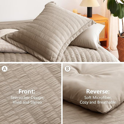 CozyLux King Size Comforter Set Khaki Seersucker 7 Pieces Bed in a Bag King Comforter Set with Sheets, Luxury Soft Bedding Sets with Down Alternative Comforter, Sheets, Pillowcases & Shams All Seasons
