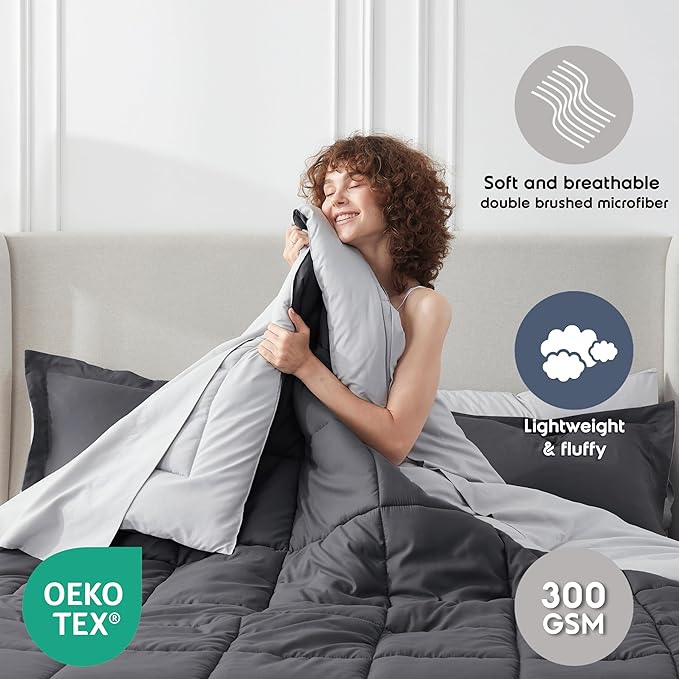 Nestl 7 Piece Full Comforter Set – Dark Grey Reversible Bed in a Bag – Complete Full Size Bedding Set with Sheets, Pillowcases and Shams