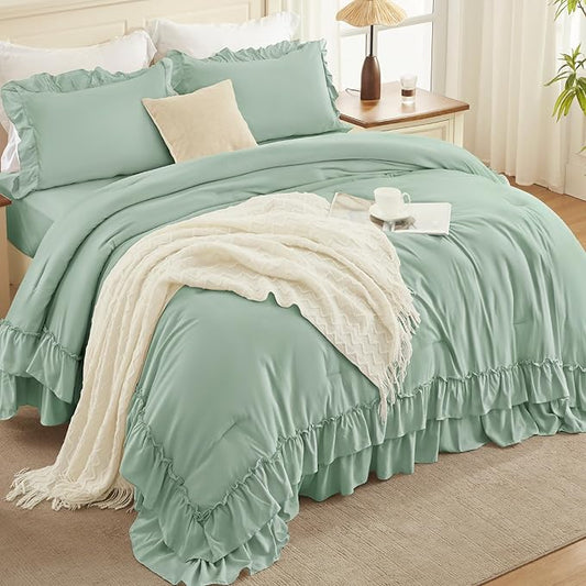 Andency Sage Green Queen Comforter Set, 3 Pieces Lightweight Farmhouse Shabby Chic Ruffle Bedding Comforter Sets for Queen Bed, Fluffy Soft Polyester All Season Bed Set(90x90Inch)