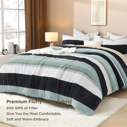 Litanika Fluffy Fleece Full Size Comforter Set, Luxury Soft Plush Fuzzy Sage Green Stripe Bedding Comforter Sets, Warm Shaggy Faux Fur Bed Set All Season (1 Comforter, 2 Pillowcases)