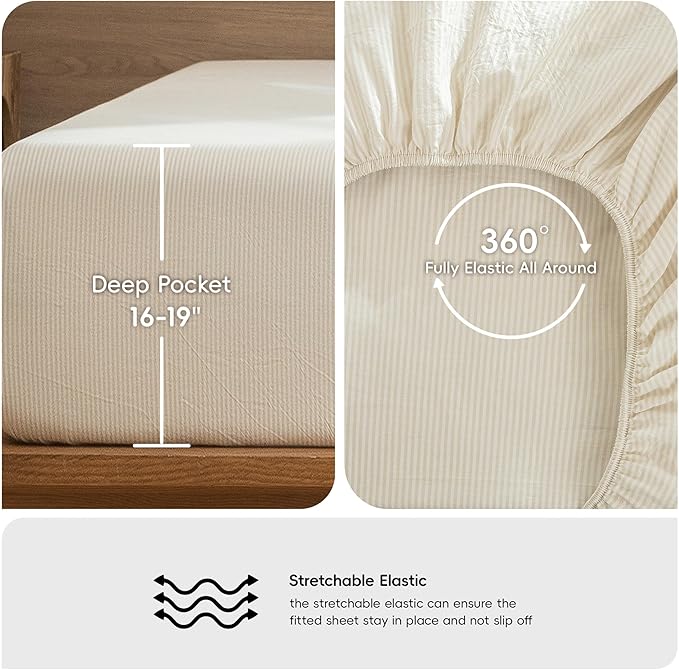 MooMee Striped Sheet Set 100% Washed Cotton Linen Like Textured Breathable Durable Soft Comfy (Almond Milk Grey Pinstripes, Queen)
