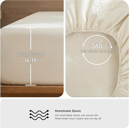 MooMee Striped Sheet Set 100% Washed Cotton Linen Like Textured Breathable Durable Soft Comfy (Almond Milk Grey Pinstripes, Queen)