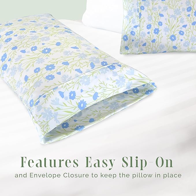 Elegant Comfort Ultra Soft Set of 2 Floral Print Pillowcases - 1500 Premium Hotel Quality Microfiber, Soft and Smooth Envelope Closure 2-Piece Pillow Covers - Standard/Queen, Blue Laurel