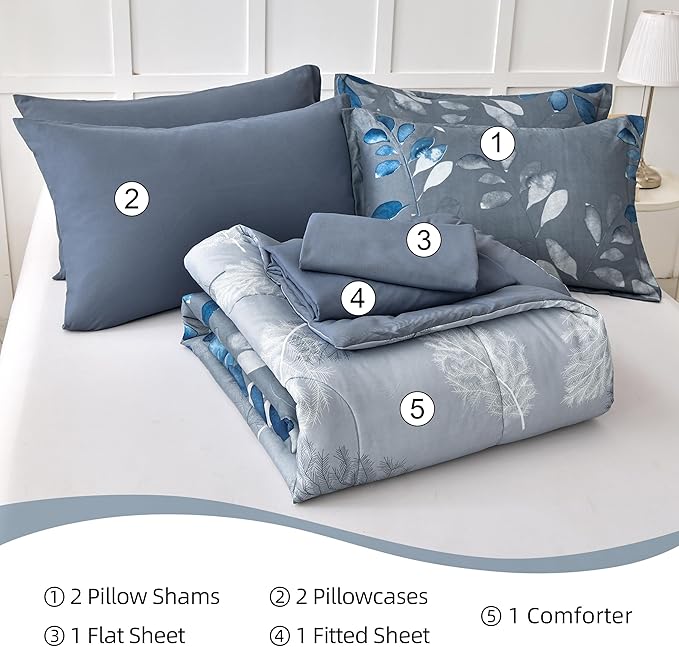 Anibedding Blue Comforter Set California King Size 7 Piece Navy Botanical Gradient Leaves Ultra Soft Lightweight Reversible Microfiber Bedding Comforter Set for All Season