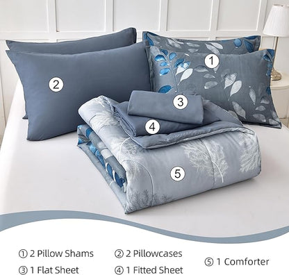 Blue Comforter Set Full Size 7 Piece Botanical Leaves Gradient Bed in a Bag Ultra Soft Microfiber Down Alternative Bedding Set Lightweight Reversible Bed Comforter Set for All Season 78" x 90"