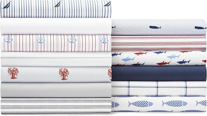 Nautica - Full Size Sheet Sets, Cotton Percale Preppy Bedding, Crisp & Cool, Lightweight & Breathable (Skippers Island Light Blue, Full)