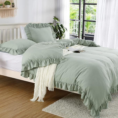 Ruffle Duvet Cover King Size, 3PCS Soft Washed Microfiber Vintage French Country Duvet Cover Set with Button Closure, Sage Green, 104x90 in